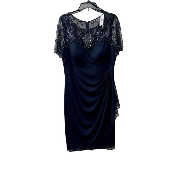 New Xscape Size 18 Beaded Short Sleeve Chiffon Sheath Dress Navy *Thread Pulls* - Picture 3 of 16
